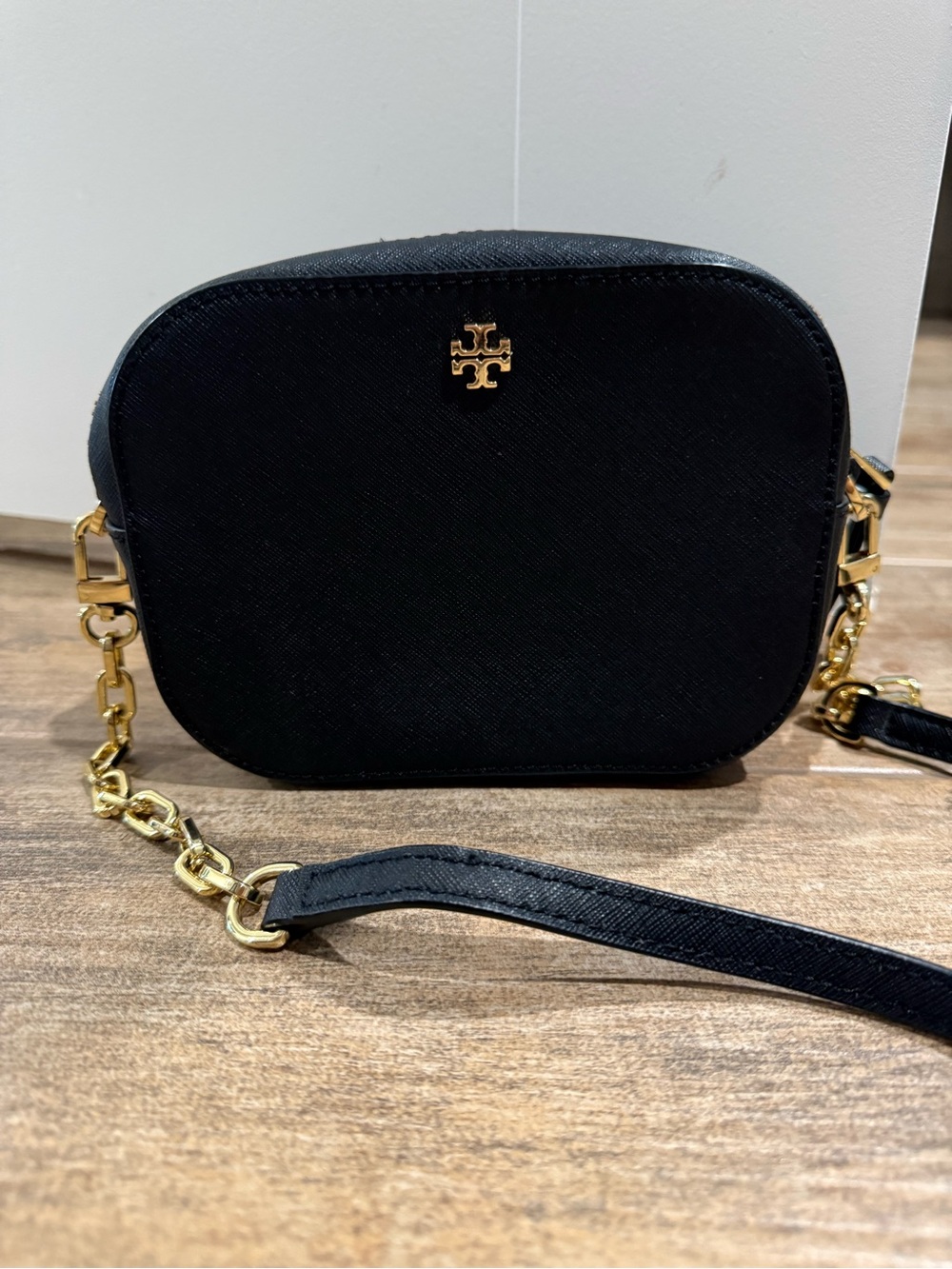 Tory Burch Black Leather Crossbody with Gold Chain Trim